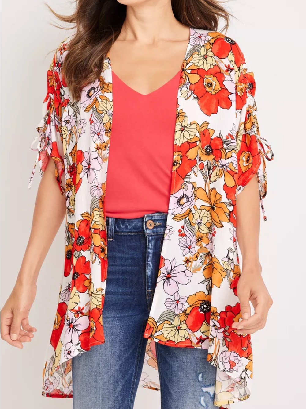 Maurice’s poppy floral cinched sleeve kimono Red, orange, and white floral print